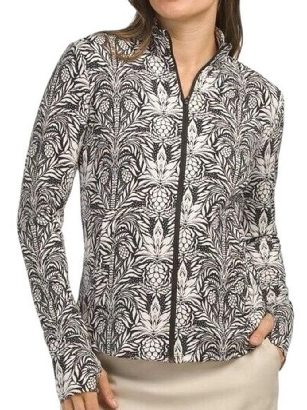 Tommy Bahama Navy And White Palm Print Long Sleeve Zip Up Stretch Jacket